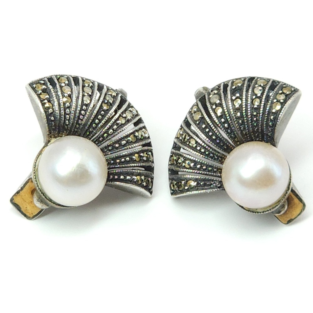 Signed TF Theodor Fahrner Clip on Earrings Pearl Marcasite Stone Fan 900 Silver - Picture 1 of 13